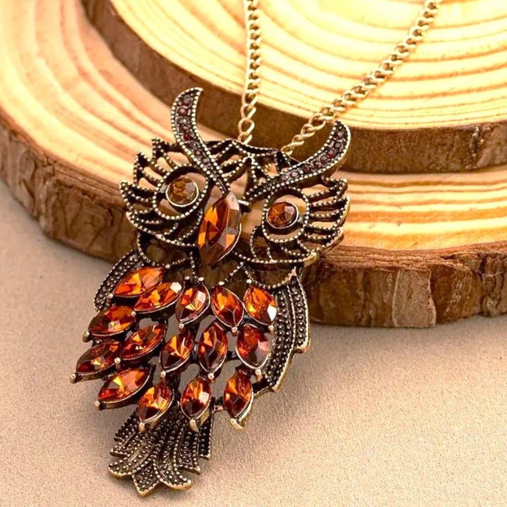 Owl Necklace Crystal Rhinestone 28" Chain Statement Stylish Trendy Bird Bold Fun